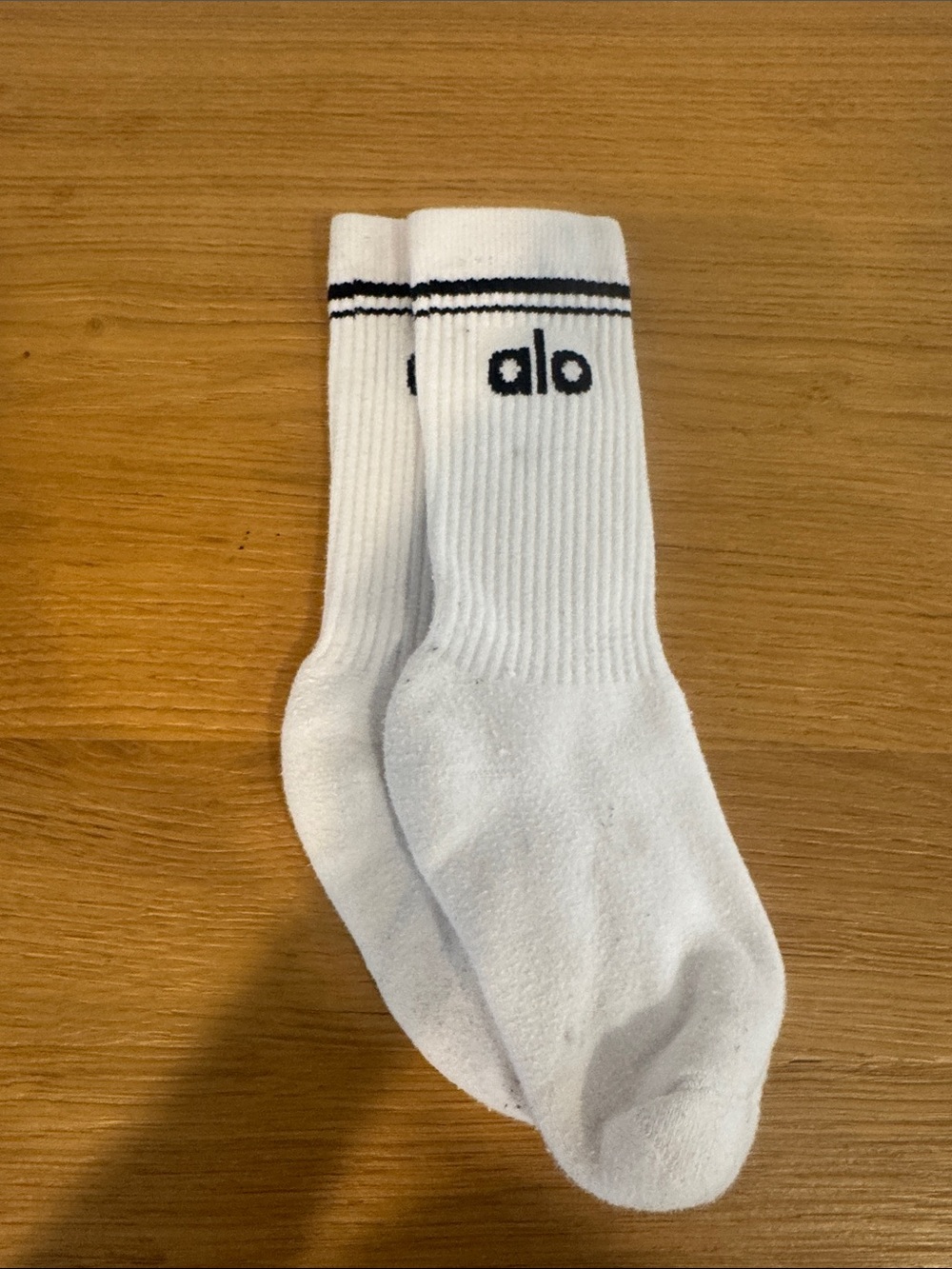 ALO Yoga White Crew Socks with Black Stripe & Log